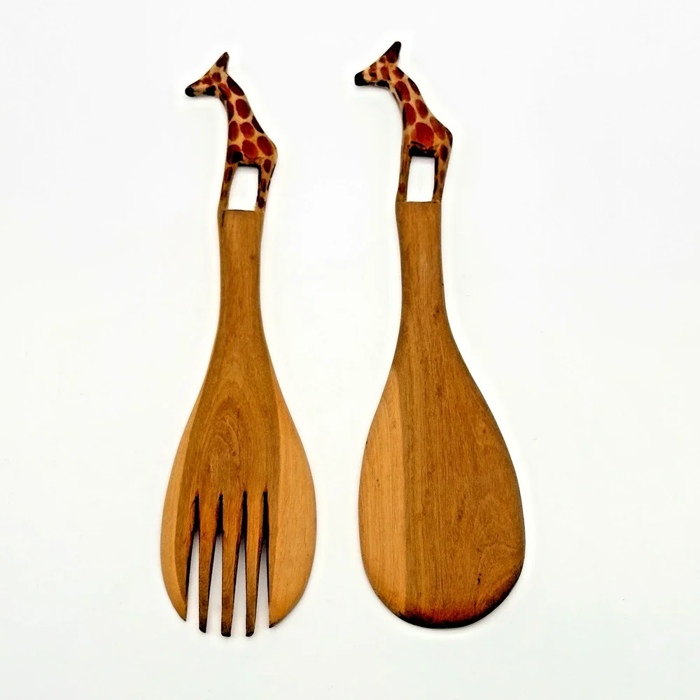 Hand Carved Wood Giraffe Salad Spoon Fork Server